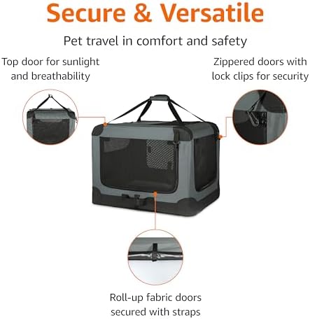 Amazon Basics 4-Door Portable Folding Soft Dog Crate, Collapsible Travel Kennel for Cat, Dog, and Small Animals, Pop Up with Fleece Mat, Water-Resistant Base, Grey, 36" x 24" x 24" - Image 2
