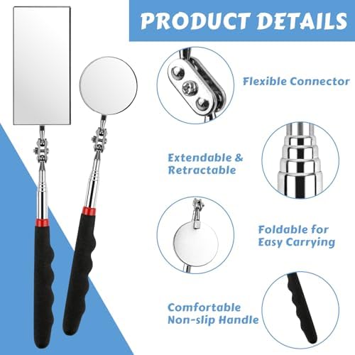Telescoping Inspection Mirror, 2 Pack Round & Rectangular Mechanic Mirrors - Image 3