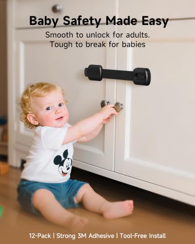 Infinno 12 Pack Cabinet Locks Baby Proofing Heavy Duty - Child Safety Cabinet Locks for Drawers, Cupboards & Fridge – No Drill 3M Adhesive Locks for Pets - Toddler Safety Latches-Black - Image 7