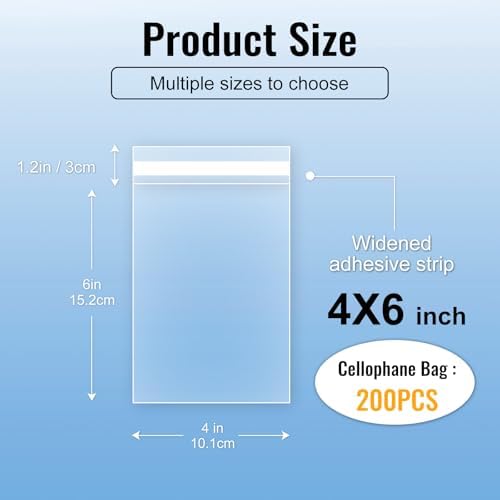Self‑adhesive 200pcs 4X6 inch Clear Cellophane Bags Gift Wrap Treat Bags - Image 2