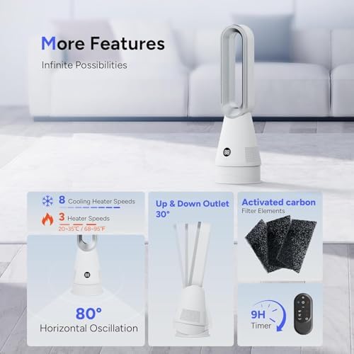 Bladeless Heater Fan, 25inch Heating & Cooling & Filter Combo Tower Fan 80° Oscillating with Remote, 9H Timer, 8 Speeds, Portable Quiet for Indoor, Bedroom, Home Office Room - Image 3