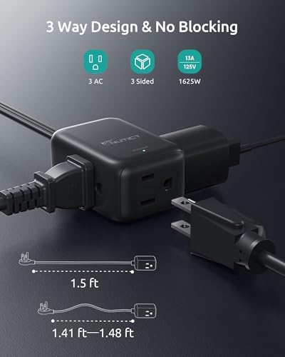 1.5FT Right Angle Extension Cord, 3 Prong Flat Plug with 3 Outlets, Black - Image 3