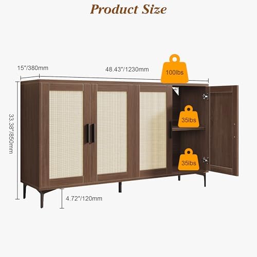 JASIWAY 48" Rattan Buffet Cabinet with Storage, Walnut Coffee Bar Cabinet - Image 3