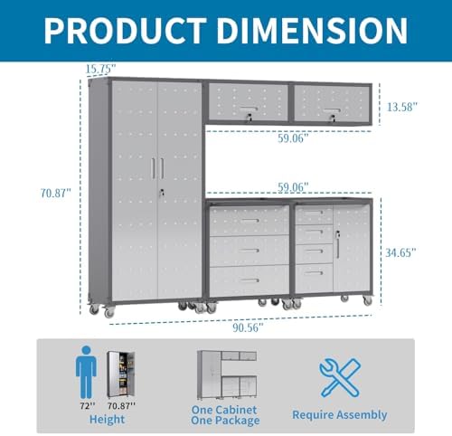 5 PCS Garage Storage Cabinets System Heavy Duty Workshop Set with Drawers Locking Rolling Cart with Adjustable Shelves Garage Tool Workbench Cabinets (5 PCS-3) - Image 4