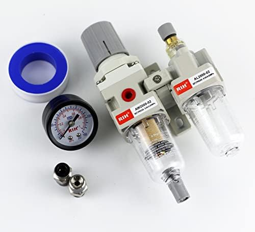 RIH Pneumatics 1/4“ NPT Compressed Air Filter Regulator Lubricator Combo Water/Oil Trap Separator - Gauge(0-150 psi), Auto Drain and Manuall-Drain,Poly Bowl,Bracket - 3 in 1 Two Unit - Image 7