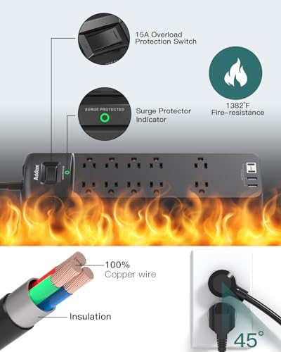 Addtam Power Strips with Surge Protection, 15FT Long Extension Cord with Multiple Outlets, Surge Protector Power Strip with 10 Outlets and 4 USB Ports(2 USB C), Flat Plug, 2700J, Black - Image 7