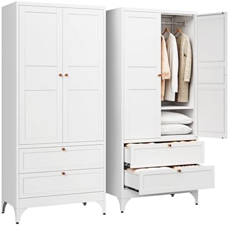 Letaya Metal Armoire Wardrobe Closet with Drawers,Clothing Storage Cabinet with Doors and Shelves,Coat Closet with Hanging Rod,Bedroom,Home,Cloak Room,White-71 H x 32" W x 18" D by LetayaMetalCabinets