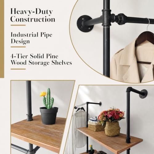 Wall Mounted Clothing Rack, Heavy Duty Pipe Closet, Pine Shelves, 76 In - Image 5