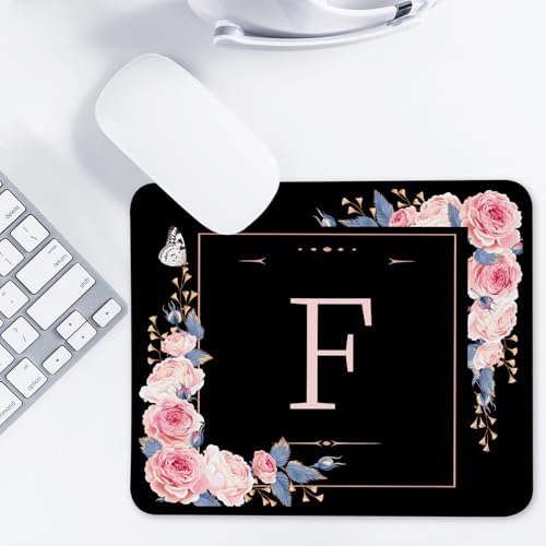 Letter F Black and Pink Flowers Square Mouse Pad, Mouse Pad with Stitched Edge and Non-Slip Rubber Base,Mouse Mat,Home Office Decor Desk Accessories,9.4x7.8x0.12 inch Square Mouse Pad - Image 7
