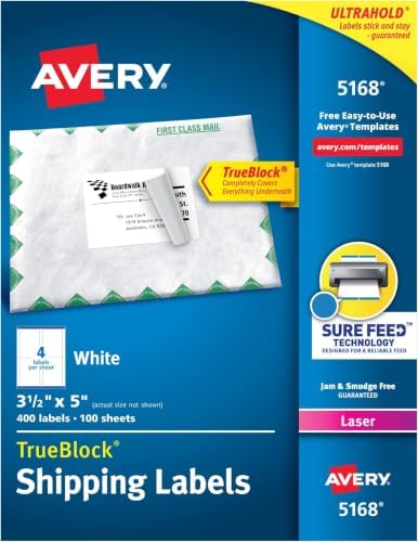 Avery Printable Shipping Labels with Sure Feed, 3-1/2" x 5", White, 400 Blank Mailing Labels for Laser Printers (5168) (Pack of 5) by Avery