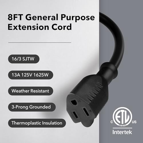 BN-LINK 8 ft Indoor/Outdoor Extension Cord 16/3 SJTW, Black, Water & Weather Resistant, 3-Prong Grounded Plug for Landscaping & Holiday Decorations, Home & Office, 13A ETL - Image 2