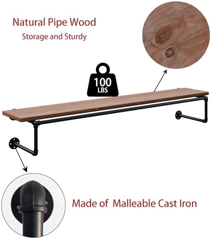 Clothes Rack 60in, Wall Mounted Garment Racks with Real Wood Shelf, Heavy Duty Hanging Clothes Rack, Multi-Purpose Hanging Rod, Space-Saving Closet Storage - Image 7