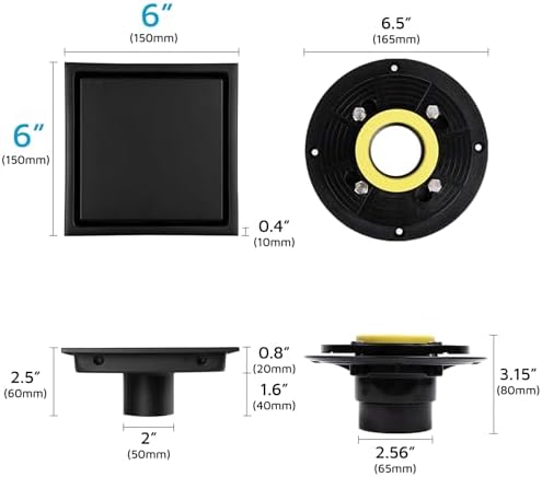 Square Shower Drain with Flange, 6 Inch, Matte Black, 2-in-1 Grate - Image 3