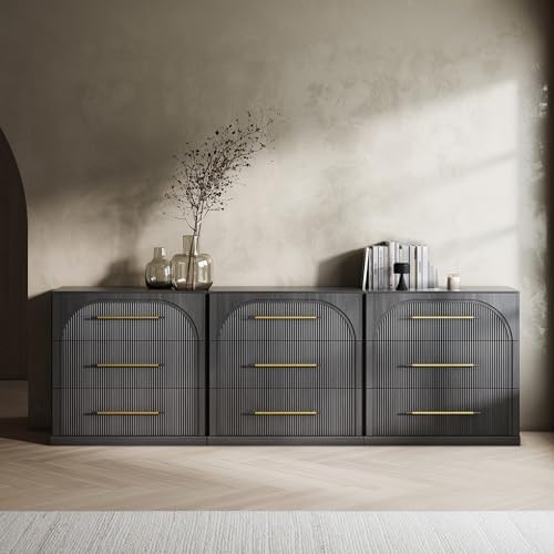 BELLEZE Bookcase with 3 Drawers, Set of 3 Modern Book Shelf with Metal Handle, 97'' Wood Bookshelves for Living Room Office Entryway (Ebony) by BELLEZE