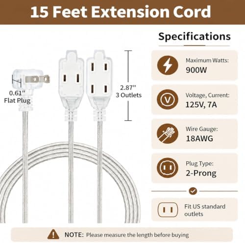 Clear Extension Cord 15FT, 3 Outlets, 0.6-Inch Flat Plug, 1 Pack - Image 5