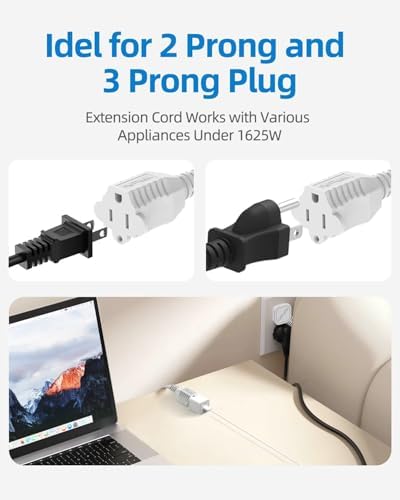 TiFFCOFiO Flat Plug Indoor Extension Cord, 3 Prong Extension Cord, 1 Grounded Outlet for Home, Office and Travel, 16AWG 13A/1625W, ETL Listed (10 FT) - Image 5