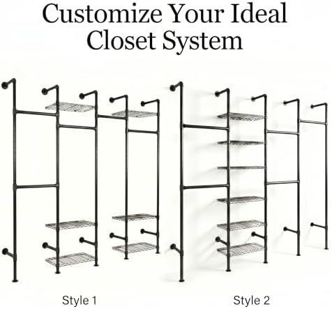 F4 Wall Mounted Closet System, Industrial Pipe Clothing Rack for Hanging Clothes, Heavy Duty Closet Organizer System, Clothes Racks with Shelves & Expandable Rod for Wardrobe, Corner, Black - Image 4
