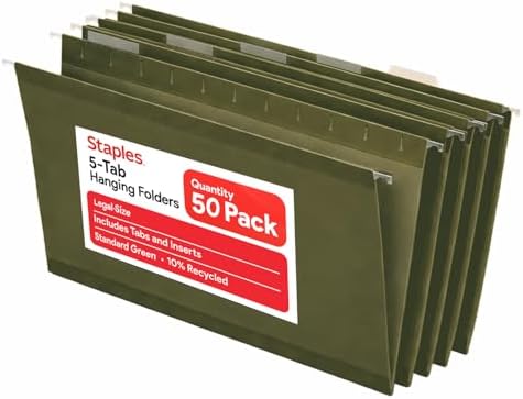 Staples Hanging File Folders, Legal Size, 1/5-Cut Tabs, Green, 50/Pack by Staples