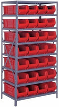 Quantum 2475-950RD Heavy Duty Shelving Unit with (8) Shelves and (28) QUS950 Red Bins for Industrial Warehouse Storage Distribution | 400 lbs Capacity | 24"D x 36"L x 75"H, Galvanized Carbon Steel by QuantumStorageSystems