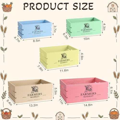 Barydat 5 Pack Wooden Crates for Display Storage, Pastel, Elegant - Image 3
