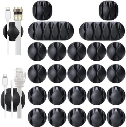 OHill Desk Cable Management Cord Organizer, 24 Pack Black Self Adhesive Cord Holder Cable Clips, Ideal Cable Organizer Wire Keeper for Desk, Nightstand, Phone Charger, Computer, Home, Office, Car by OHill