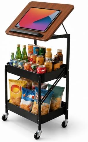 Dracey 3 Tiers Utility Rolling Cart with Lockable Caster Wheels, Metal Tiltable Wood Top Desk, Multifunctional Rolling Storage Cart for Bathroom, for Office Dorm Kitchen Living Room Classroom by DRACEY