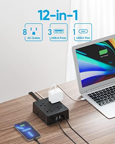Olcorife Flat Plug Power Strip with 15 FT Extension Cord, 8 Outlets 4 USB Ports(1 USB C), 3 Sided Outlet Extender for Home Office Travel Dorm Room Essentials, Black - Image 2