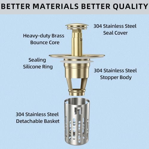 3 in 1 Bathroom Sink Drain Strainer, Universal Pop Up Bathroom Sink Stopper with Removable Hair Catcher Anti-Clog Filter Basket Brass & Stainless Steel Champagne Gold 2 PCS - Image 6