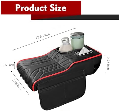 Car Center Console Cover, Waterproof Leather Multifunctional Armrest Booster Pillow with 2 Storage Bags Cup Holder, Tissue Box Slot, Universal for Most Cars with Pack of Tissues (Black & Red) - Image 2