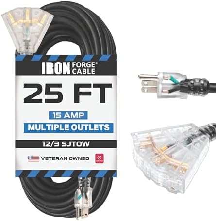 Iron Forge Cable 12 Gauge Extension Cord Multi Outlet, 25 Ft - Black SJTW by IronForgeCable