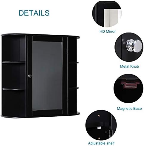 Iwell Bathroom Medicine Cabinet with Mirror, Wall Cabinet with 2 Adjustable Shelves & 6 Open Shelves, Bathroom Cabinet Wall Mounted, Over The Toilet Space Saver Storage Cabinet, Black - Image 6
