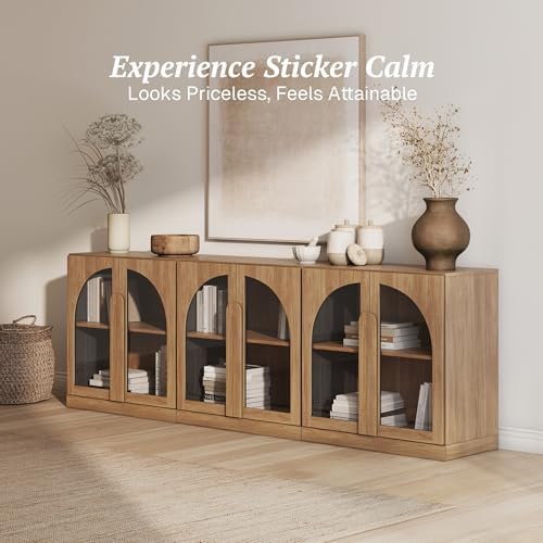 BELLEZE 2 Tier Bookshelf with Arched Glass Door, Set of 3 Modern Display Bookcase Shelf with Storage and Adjustable Shelves, 94" Wood Bookshelves for Living Room Office Entryway (Camel) - Image 3