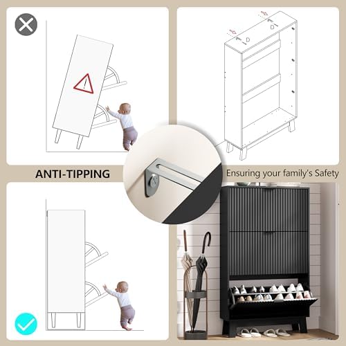 Shoe Cabinet Storage for Entryway with 3 Flip Drawers, Fluted Narrow Shoe Organizer with Wooden Legs, Freestanding Slim Shoe Storage Hidden Shoe Rack Organizer for Front Door Entrance, Hallway, Black - Image 6