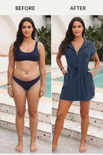 Womens Terry Cloth Cover Up Hooded Swim Cover with Zipper and Pocket - Image 5