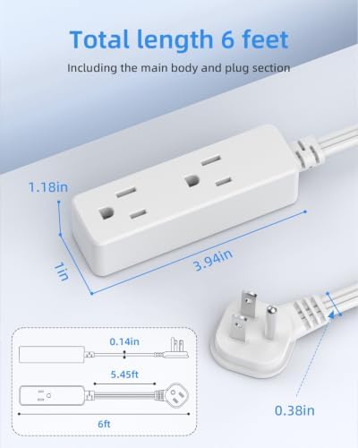 Flat Plug Extension Cord with 3 Outlets - 6 ft White Low Profile Indoor 3 Prong Grounded Power Strip for Home Office & Travel - 16/3 AWG, 13A/1625W - Image 5