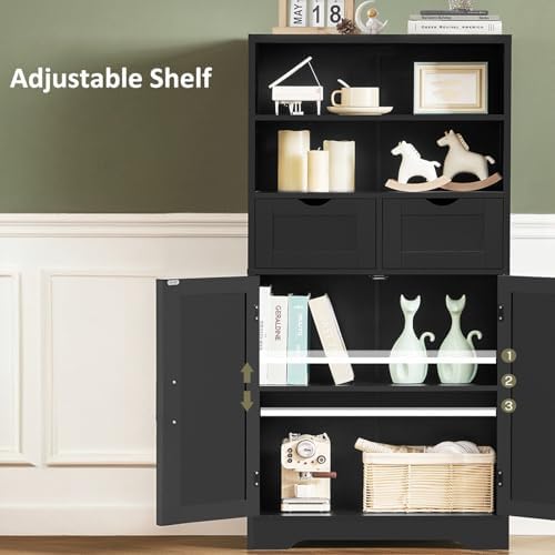 TEENFON Storage Cabinet with Doors & 2 Drawers, Kitchen Cabinet with Adjustable Shelf, Pantry Cabinets, Bathroom Cabinets, for Living Room, Entryway, Home Office, Black - Image 4