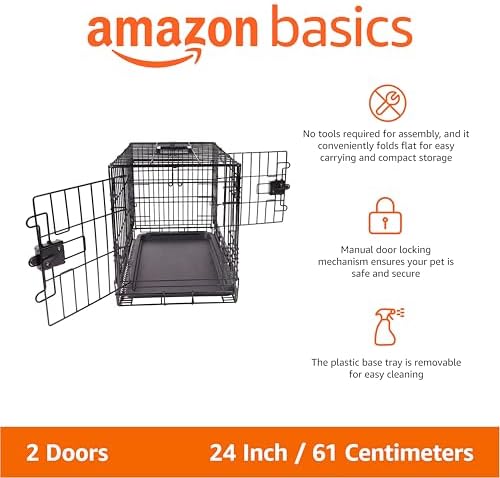 Amazon Basics Portable, Foldable Metal Wire Dog Crate with Removable Tray, Double Door, Divider Panel, 24" x 18" x 20", Black - Image 2