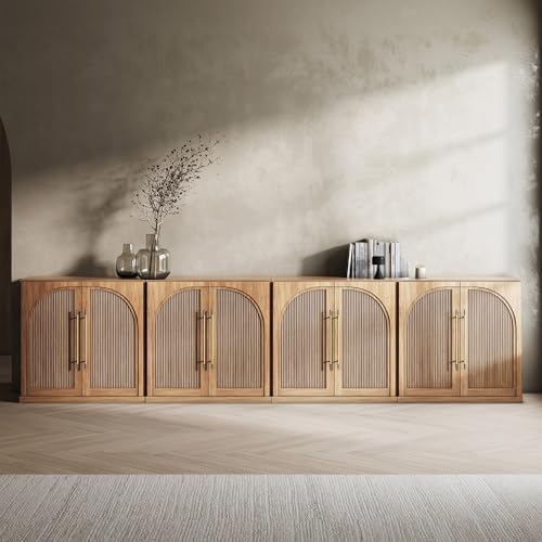 BELLEZE 3 Tier Bookshelf with Double-Arc Door, Set of 4 Modern Bookcase Shelf with Storage and Adjustable Shelves, 130'' Arched Buffet Wood Bookshelves for Living Room Office Entryway (Camel) by BELLEZE