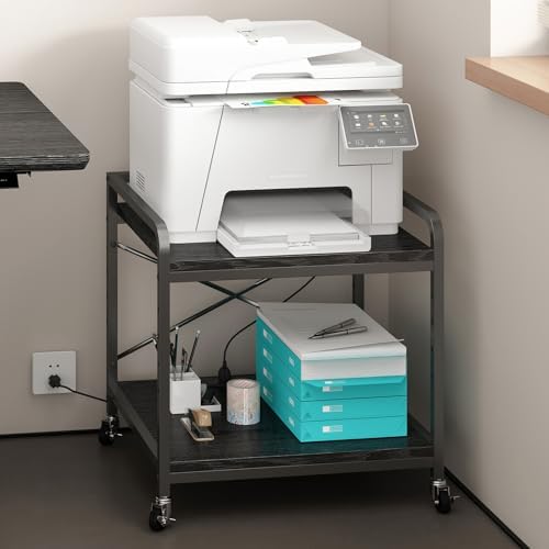 METYERRY Under Desk Printer Stand with Power Outlet, Adjustable Shelf,Black - Image 2