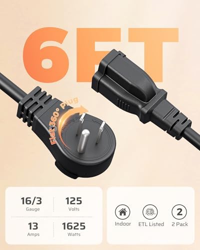 DEWENWILS 6FT 360° Rotating Flat Plug Extension Cord, 16/3 Gauge, 2 Pack - Image 6