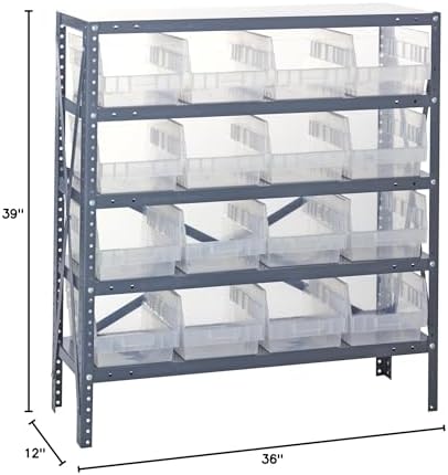 Quantum 1239-207CL Heavy Duty Shelving Unit with (5) Shelve and (16) QSB202 Clear Bins for Warehouse Storage Distribution | 400 lbs Capacity per Shelf | 12"D x 36"L x 39"H, Galvanized Steel Finish - Image 2