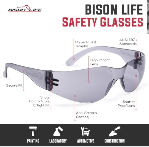 BISON LIFE Gray Safety Glasses for Men & Women, ANSI Z87.1, 6 Pack - Image 3