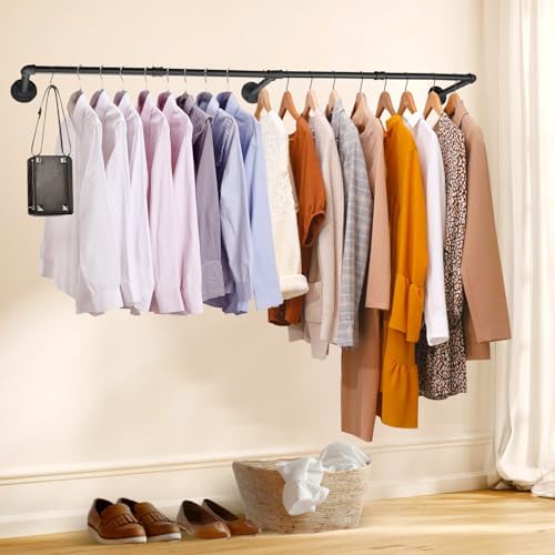 Industrial Pipe Clothing Rack, 66.1" Wall Mounted Clothes Rack Set of 2, Heavy Duty Closet Rod for Hanging Clothes, Space-Saving Detachable Iron Wall Garment Bar 3 Base - Image 5
