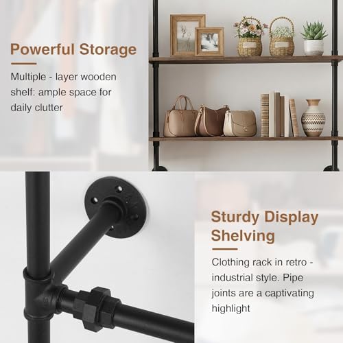 Industrial Pipe Clothing Rack with Double Hanging Rods Wall Mounted Garment Hanger Large Capacity Heavy Duty Clothes Organizer Wooden Clothes Storage Shelves for Walk In Closet Storage/Laundry Room - Image 5