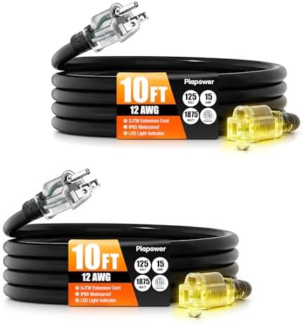 12/3 Gauge Outdoor Extension Cord 10 FT Heavy Duty Waterproof Black(2Pack) by Unknown