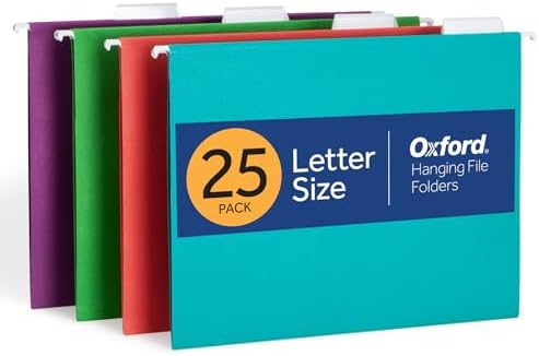 Oxford Hanging File Folders, 25 Pack, Letter Size (8.5" x 11"), 4 Tropical Colors, 5 Tab Positions, Includes Tabs and Inserts, Hanging Files for Office and Document Organization by Oxford