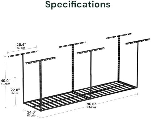 SunsGrove 2x8 Overhead Garage Storage Rack Organization, Adjustable Ceiling Mounted Storage Racks, 800LBS Weight Capacity, 22"-40" Ceiling Dropdown, Hammertone Black - Image 3