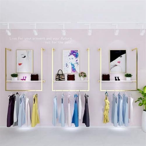 Clothing Store Square Tube Metal Display Stands, Entrance Porch Organization Hanging Garment Rack,Wall Mounted Storage Clothes Shoe Bag Pipe Shelf Bookshelf (Gold, 57" L) - Image 3