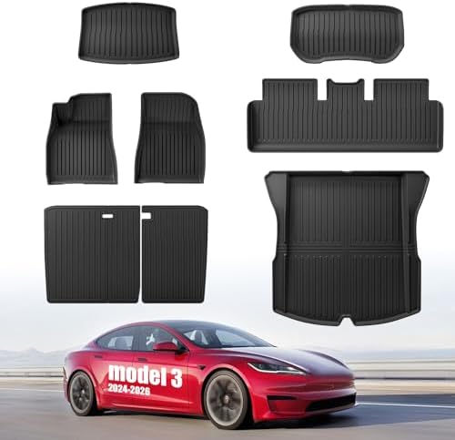 Custom Fit Floor Mats for 2024 2025 2026 Tesla Model 3 Highland/Standard,All Weather TPE Waterproof Odorless Car Mats Set 5-Seater with Rear Seat Back Protector Interior Accessories (7PCS) by AbvesiAutomotiveParts