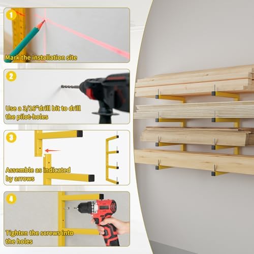 2-Pack Lumber Storage Rack, Wood Storage Racks Wall Mount, Heavy Duty Garage Wood Organizer with 4-Level System, Yellow Utility Rack Organization Up 800 Lbs, Metal Lumber Shelf for Indoor and Outdoor - Image 6
